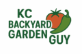 Logo for KC Backyard Garden Guy featuring green text with a red tomato and green pepper illustration