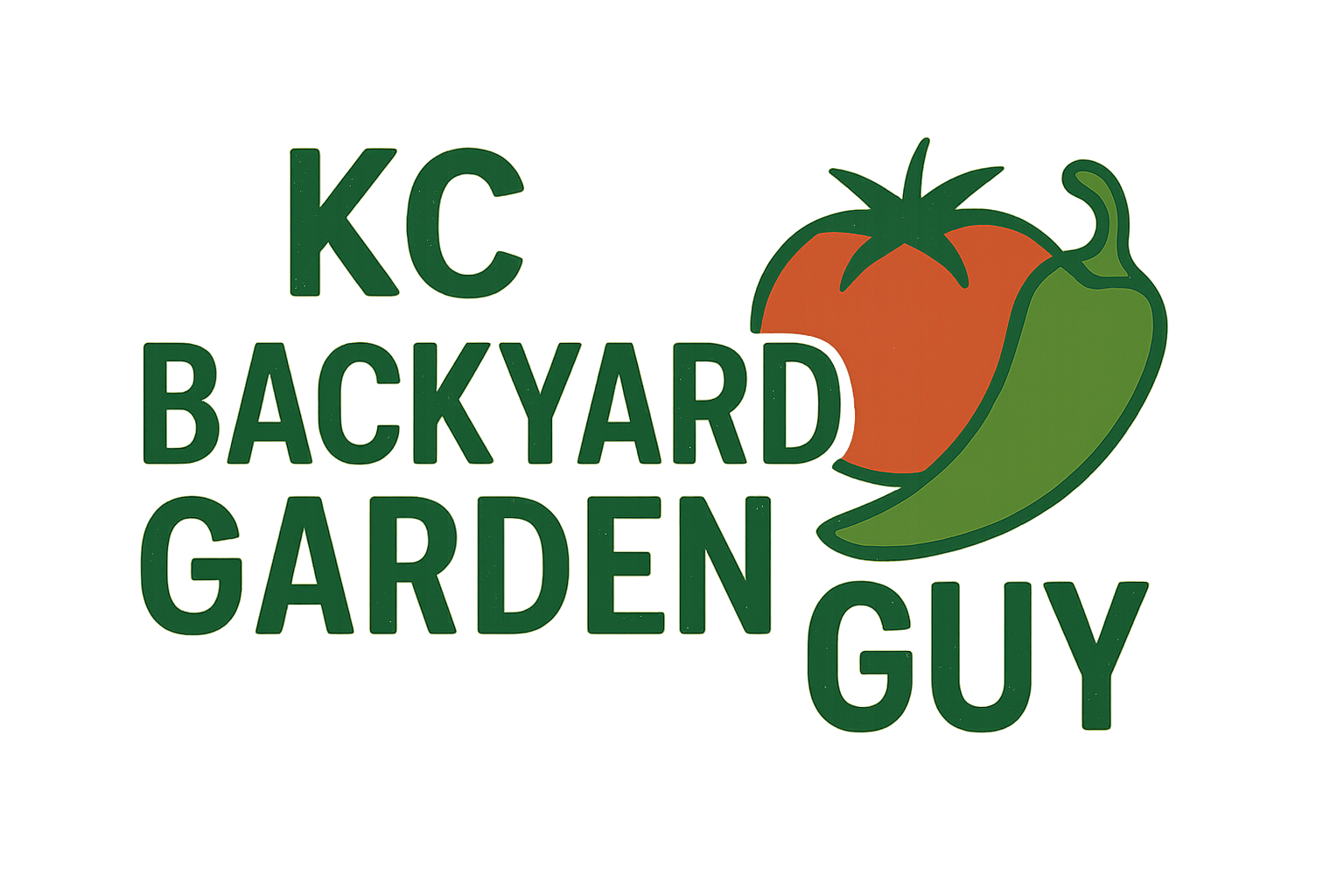 Logo for KC Backyard Garden Guy featuring green text with a red tomato and green pepper illustration