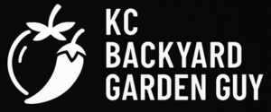 KC Backyard Garden Guy white logo with stylized tomato and pepper