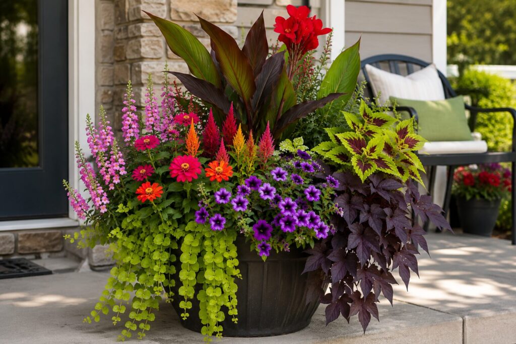 Premium custom container garden designed for a sunny front porch featuring colorful flowers and foliage in a high-end decorative planter by KC Backyard Garden.