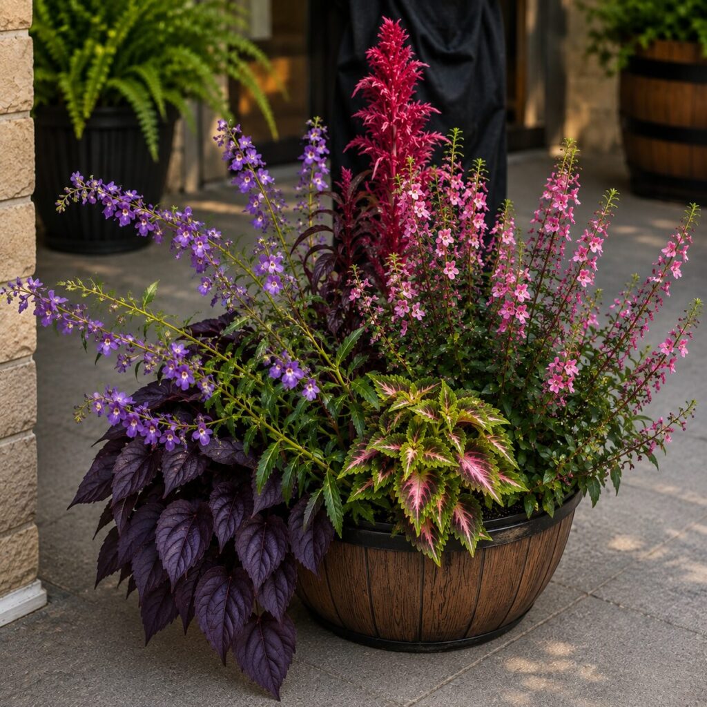Show Stopper Designer Garden featuring celosia, angelonia, coleus, purple foliage, and layered seasonal flowers in a decorative patio container.