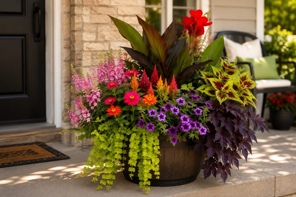 Premium designer container garden overflowing with colorful flowers and foliage displayed on a welcoming front porch, showcasing KC Backyard Garden Guy's handcrafted Signature Collections.