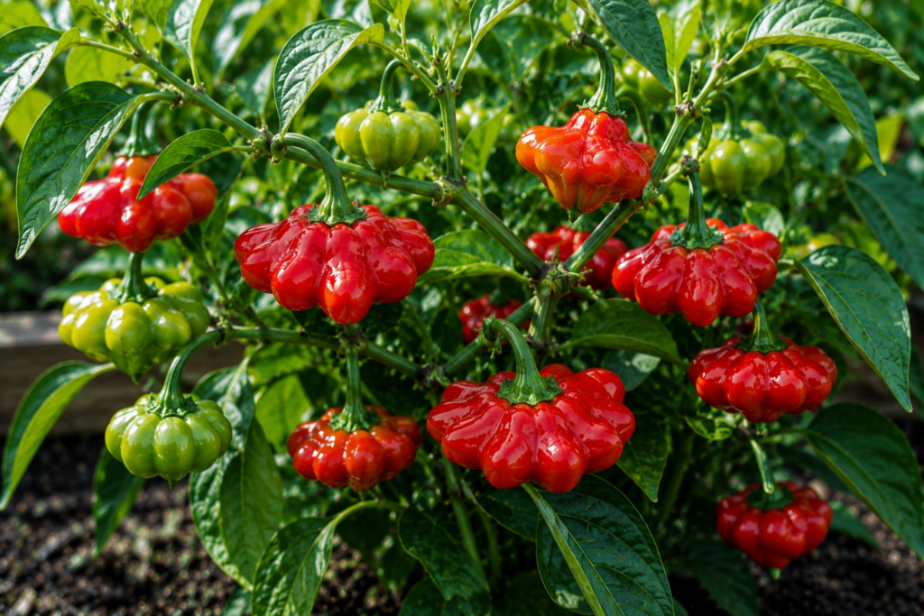 Brazilian Starfish peppers with distinctive flattened red and green lobed fruits growing on a pepper plant