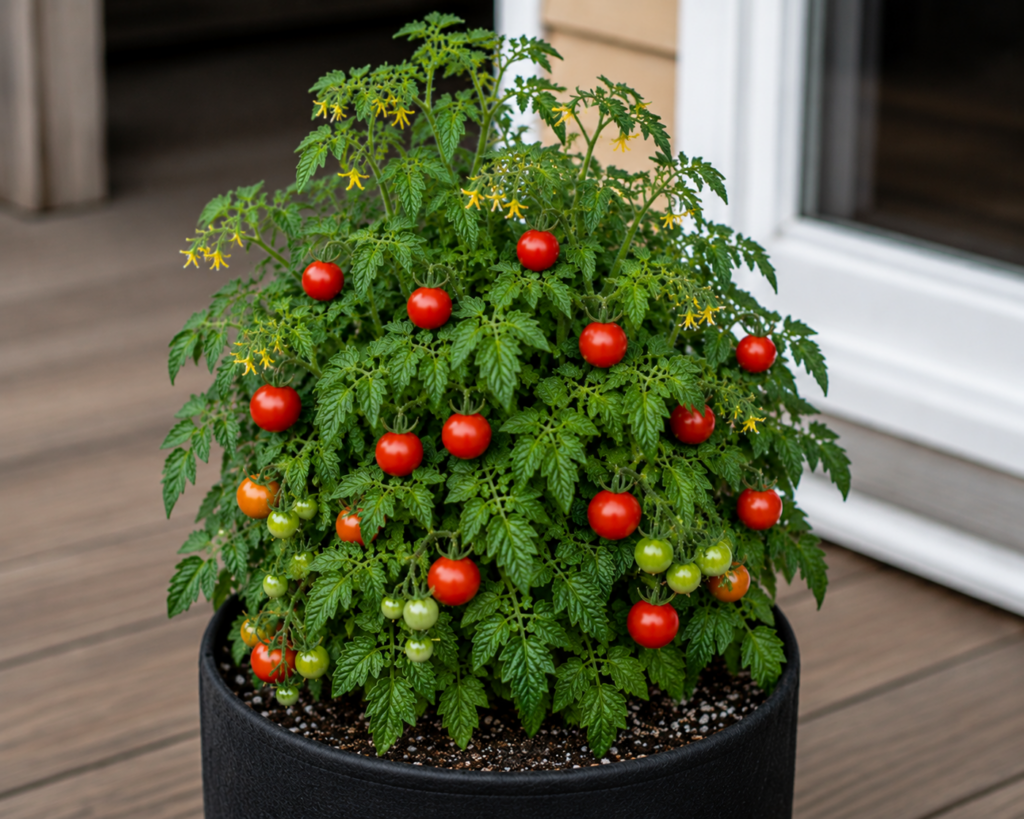 Candy Berry micro dwarf tomato plant with clusters of small red and ripening cherry tomatoes growing in a container