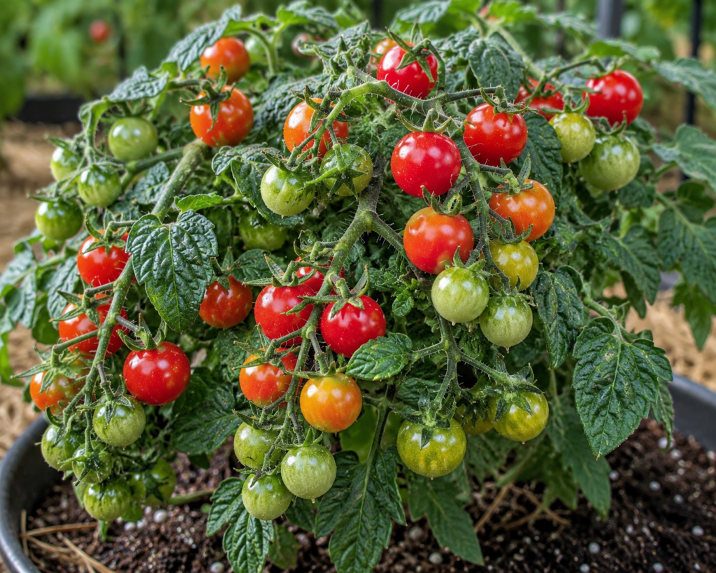 Candy Berry micro dwarf tomato plant with small red cherry tomatoes ripening on a compact plant