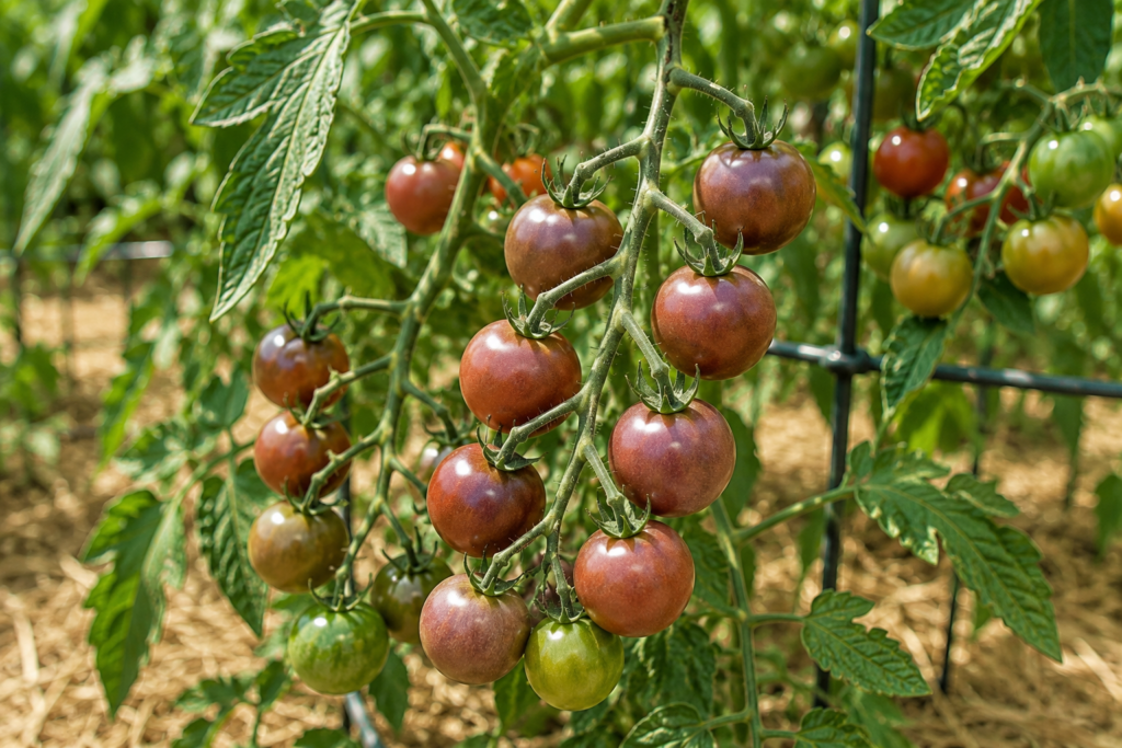 Cherokee Purple Cherry tomatoes ripening from green to dusky purple-red on the vine