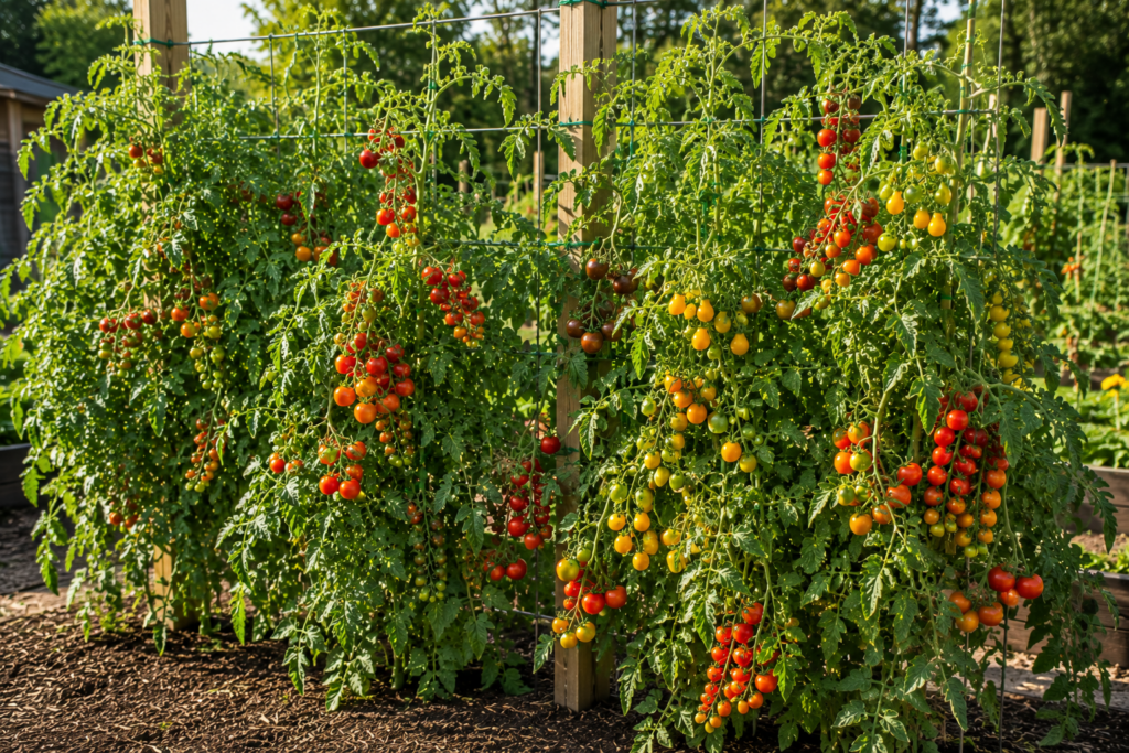 Colorful cherry and small-fruited tomatoes ripening in clusters on garden vines