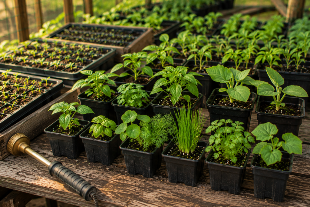 Healthy young seedlings growing in black nursery pots on a greenhouse propagation bench, representing upcoming plant varieties at KC Backyard Garden.