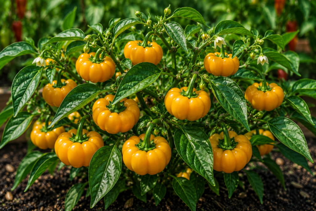 Doe Hill Golden Bell peppers with squat golden-orange fruits growing on a pepper plant in a backyard garden