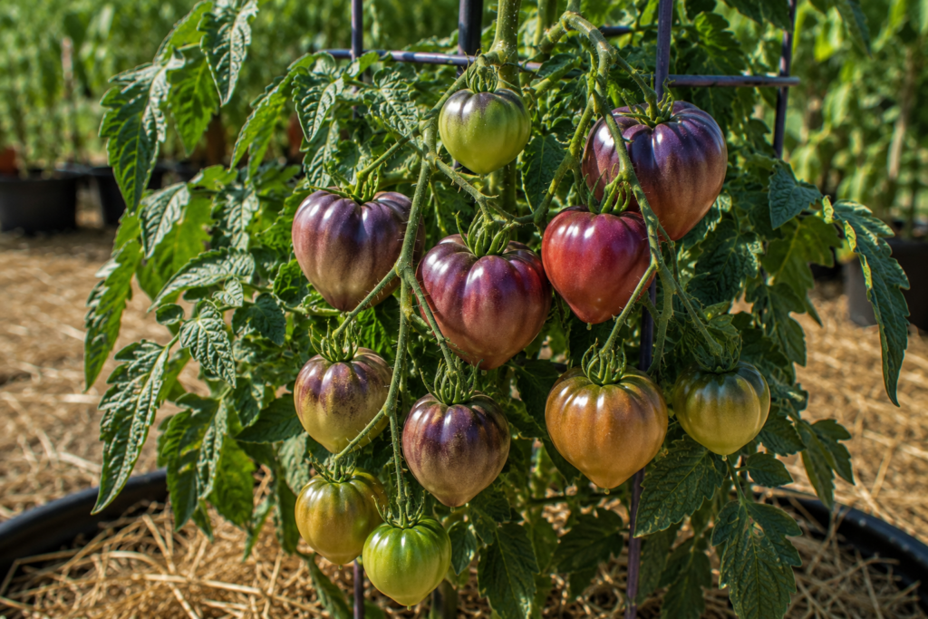 Dwarf Purple Heart tomatoes ripening from green to dusky purple-red on a compact tomato plant