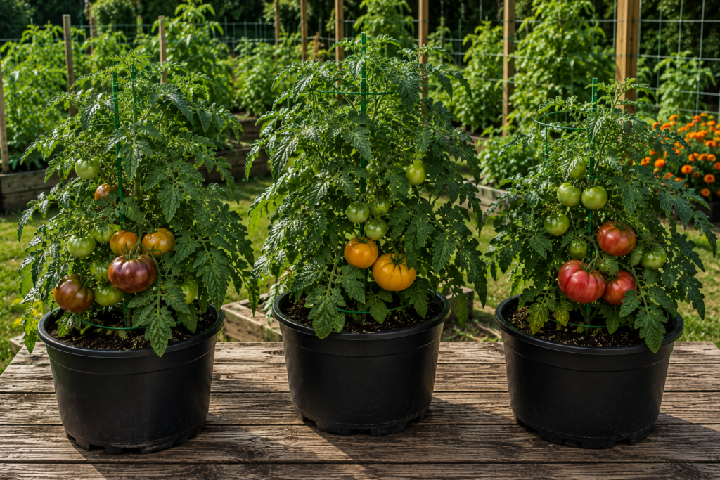 Dwarf tomato plants growing in containers with colorful full-size tomatoes