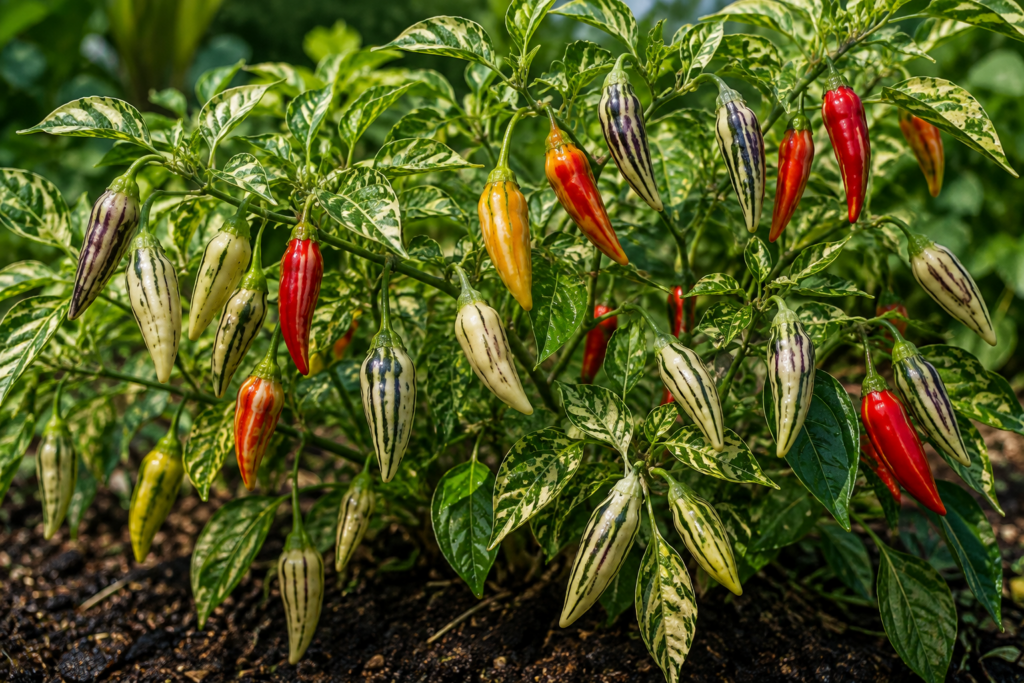 Fish Pepper plant with variegated foliage and striped peppers ripening from green and cream to orange and red