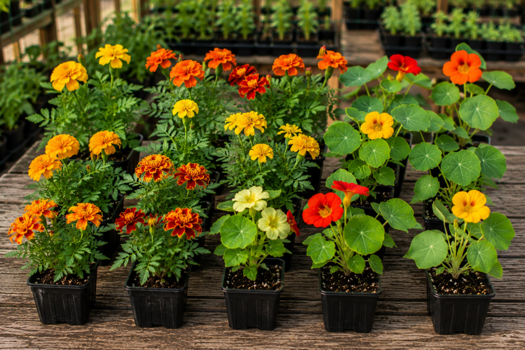 Healthy flower seedlings including marigolds and nasturtiums growing in black nursery pots at KC Backyard Garden.