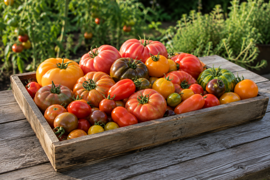 Fresh heirloom and specialty tomatoes in a wooden harvest crate