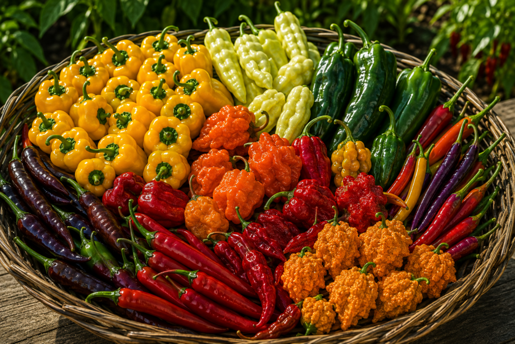 Fresh sweet, hot, specialty, and superhot peppers harvested from a backyard garden