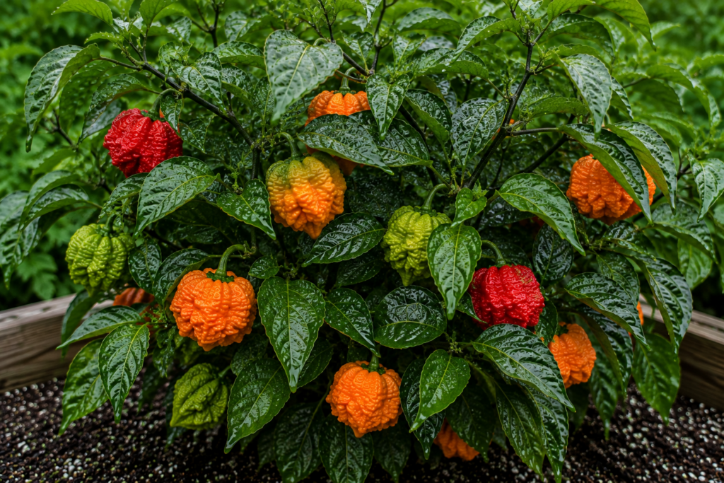 Fried Chicken peppers with wrinkled green, orange and red pods growing among dense foliage in a backyard garden