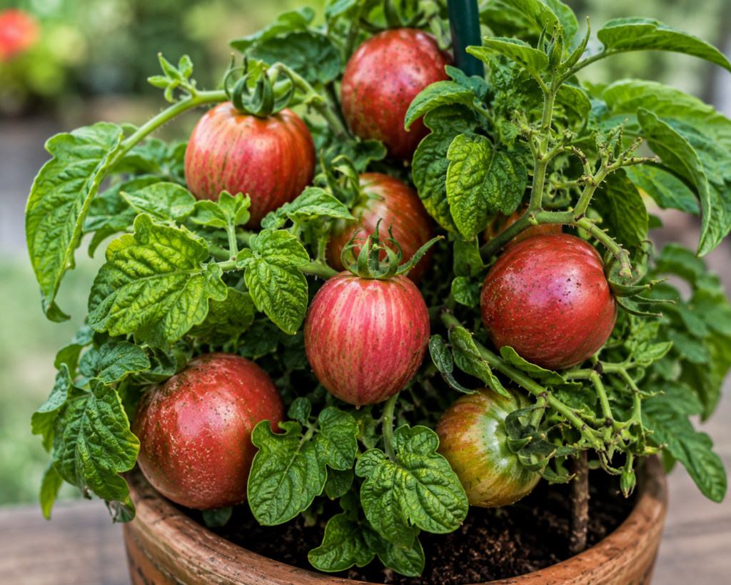 Groovy Tunes micro dwarf tomato plant with striped pink-red tomatoes growing in a container