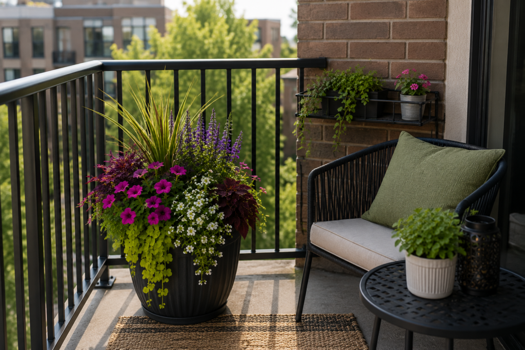 Custom apartment balcony container garden featuring colorful flowers, ornamental grasses, trailing greenery, and compact plants designed for Kansas City growing conditions.