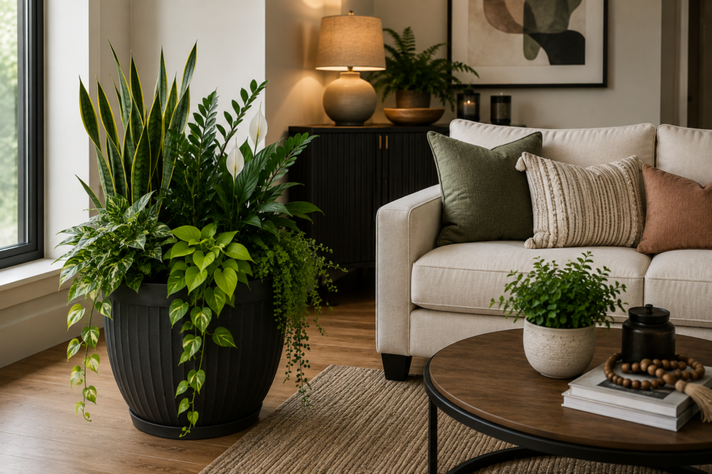 Custom indoor container garden featuring a snake plant, peace lily, ZZ plant, variegated aglaonema, neon pothos, and trailing greenery in a modern planter designed for bright indoor living spaces by KC Backyard Garden Guy.