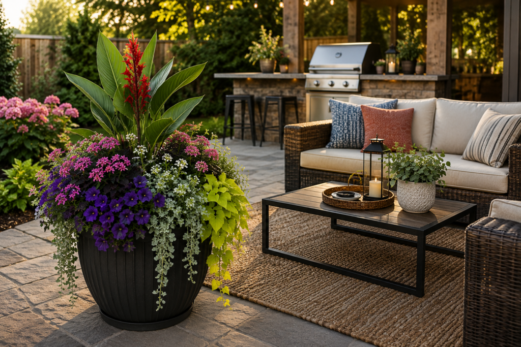 Custom patio container garden featuring colorful annual flowers, tropical foliage, trailing vines, and ornamental plants in a decorative planter designed for outdoor living spaces in the Kansas City area.