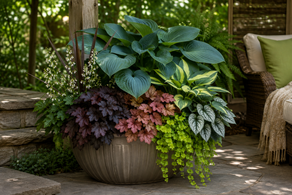 Custom shaded patio container garden featuring hostas, heuchera, brunnera, Japanese forest grass, and trailing creeping Jenny, designed for Kansas City gardens by KC Backyard Garden Guy.