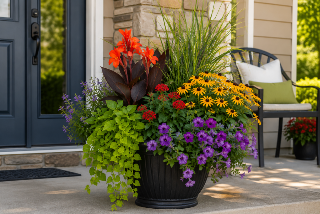 Colorful custom container garden for a sunny front porch featuring canna lilies, angelonia, pentas, petunias, sweet potato vine, and ornamental grass, designed for Kansas City growing conditions.