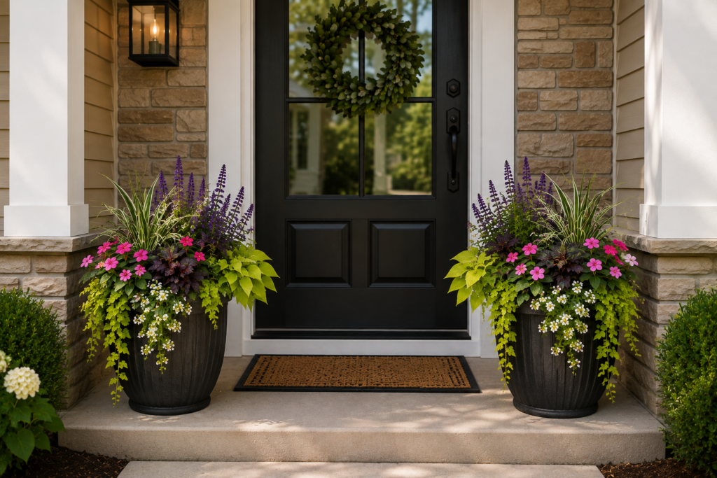Custom welcoming entryway container garden featuring colorful annuals and foliage suitable for Kansas City, Missouri. Professionally designed front door planter with coordinated sun-loving plants.