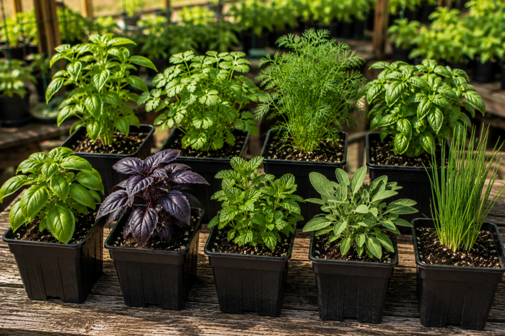 Healthy herb seedlings including basil, mint, sage, chives, cilantro, and dill growing in black nursery pots at KC Backyard Garden.