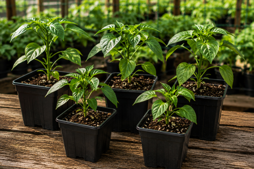 Healthy pepper seedlings growing in black nursery pots, representing sweet, hot, specialty, and superhot pepper varieties available from KC Backyard Garden.