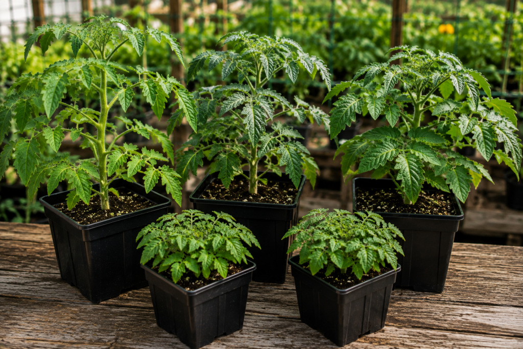Healthy tomato seedlings in nursery pots representing standard, dwarf, and micro dwarf tomato varieties available from KC Backyard Garden.