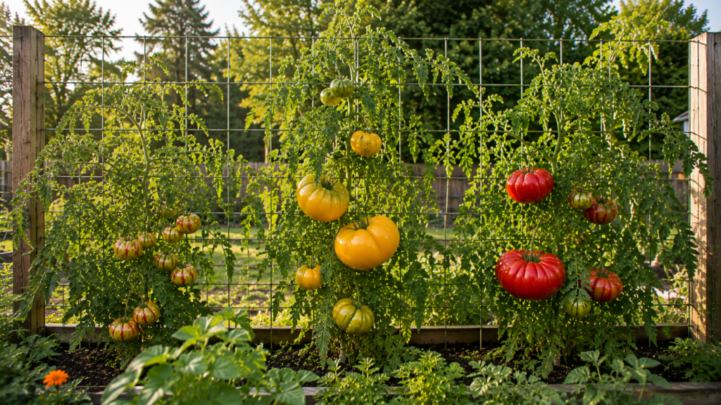 Heirloom tomato plants growing on cattle panels in a backyard garden