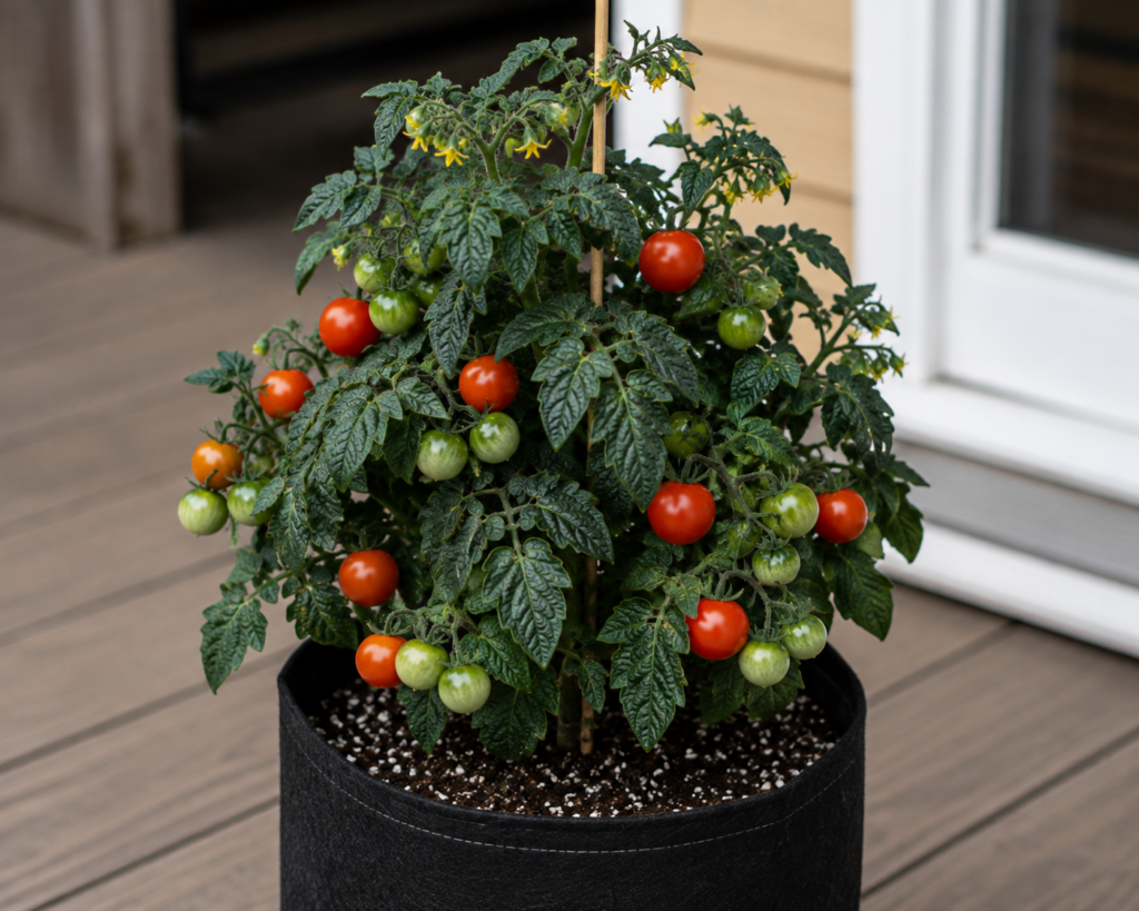 Henry Harrington micro dwarf tomato plant with red and ripening tomatoes growing among dark green foliage in a container