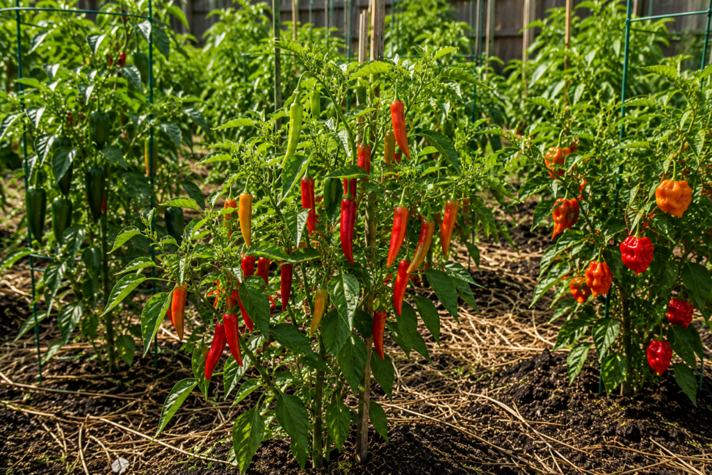 Hot red, orange, and green peppers ripening on plants in a backyard garden