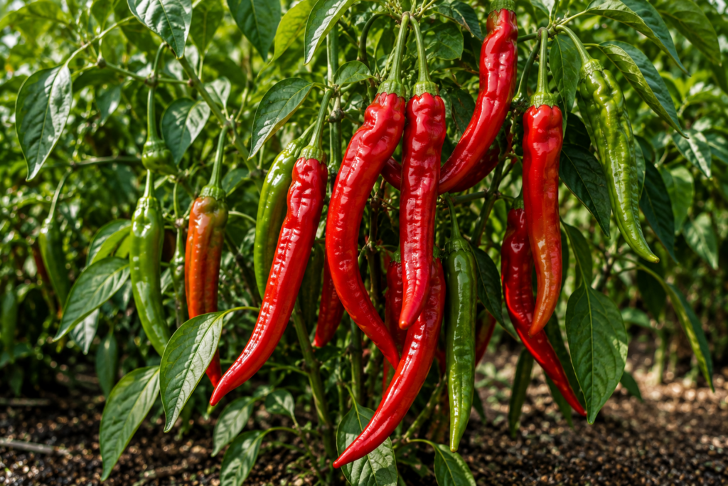 Jimmy Nardello peppers with long slender red and green fruits growing on a pepper plant in a backyard garden