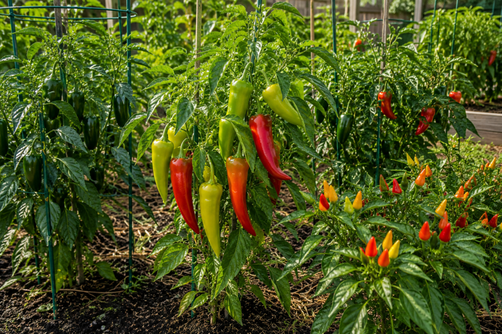 Medium heat green, yellow, orange, and red peppers growing on plants in a backyard garden