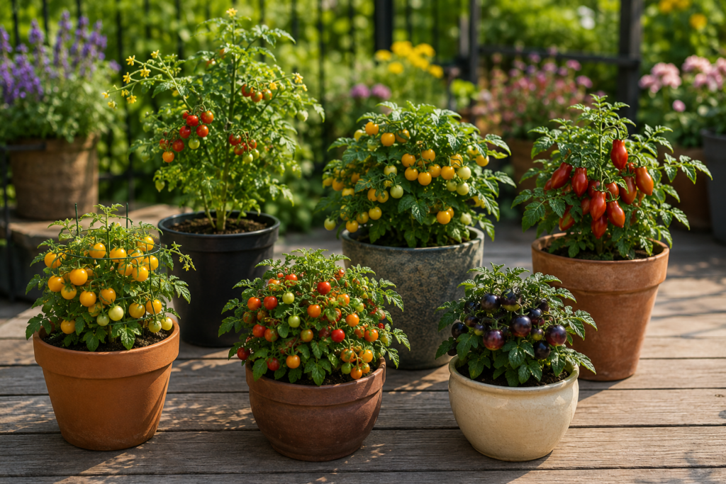 Micro Dwarf Tomatoes growing in containers with varied red, yellow, dark and elongated fruits on compact tomato plants