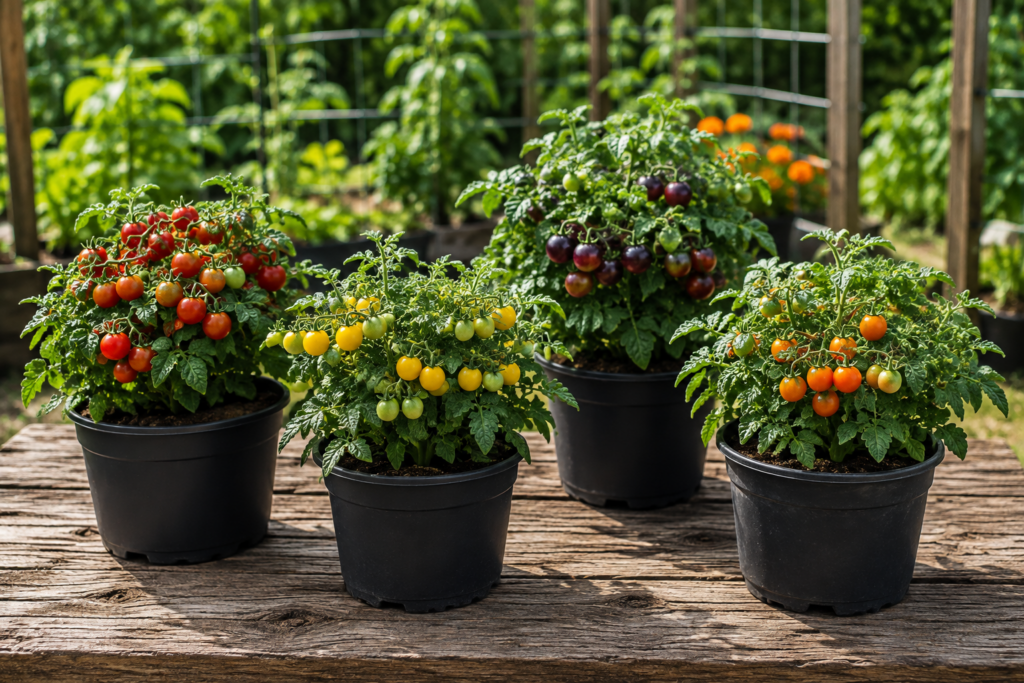 Compact micro dwarf tomato plants growing in black pots with colorful ripe tomatoes