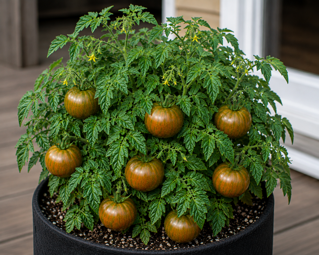 Pa's Pride micro dwarf tomato plant with striped bronze-red tomatoes growing among dense green foliage in a container