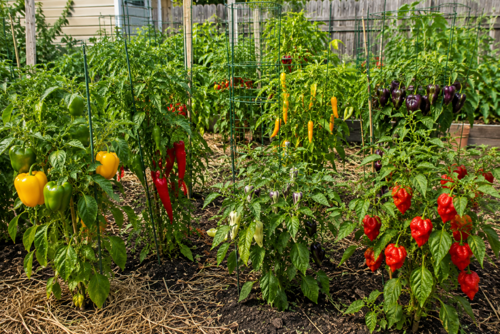 Sweet, hot, specialty, and superhot pepper plants growing in a backyard garden