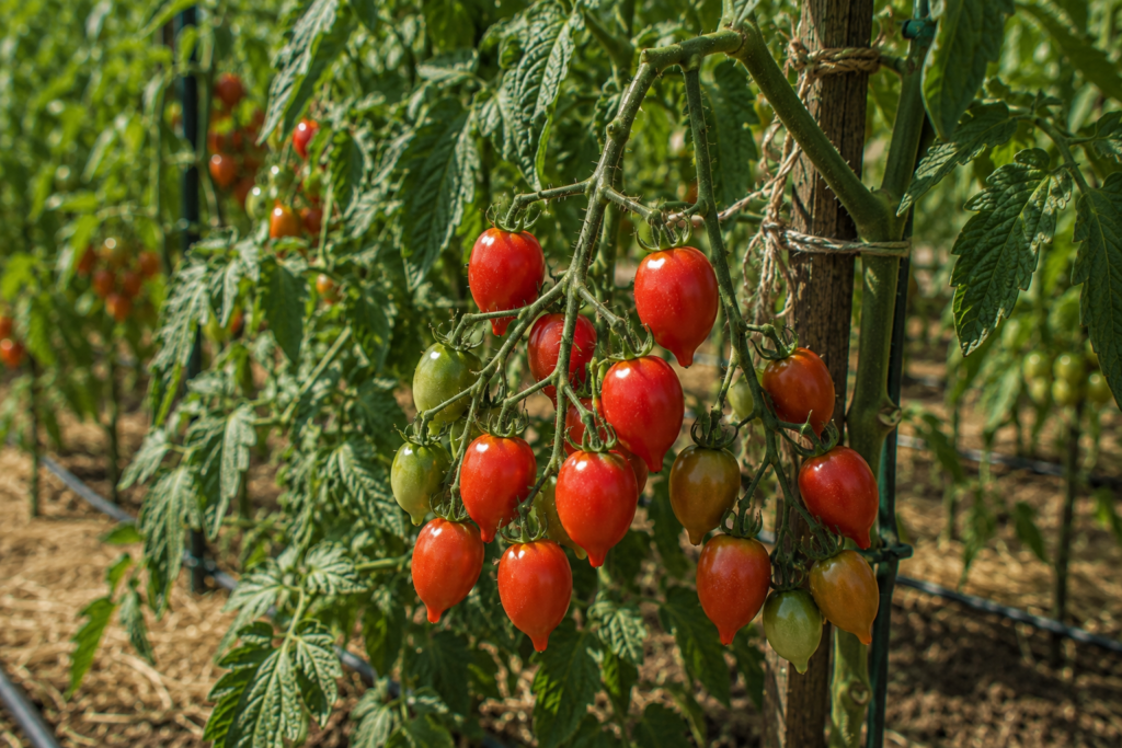 Piennolo del Vesuvio tomatoes ripening in clusters on the vine in a backyard garden