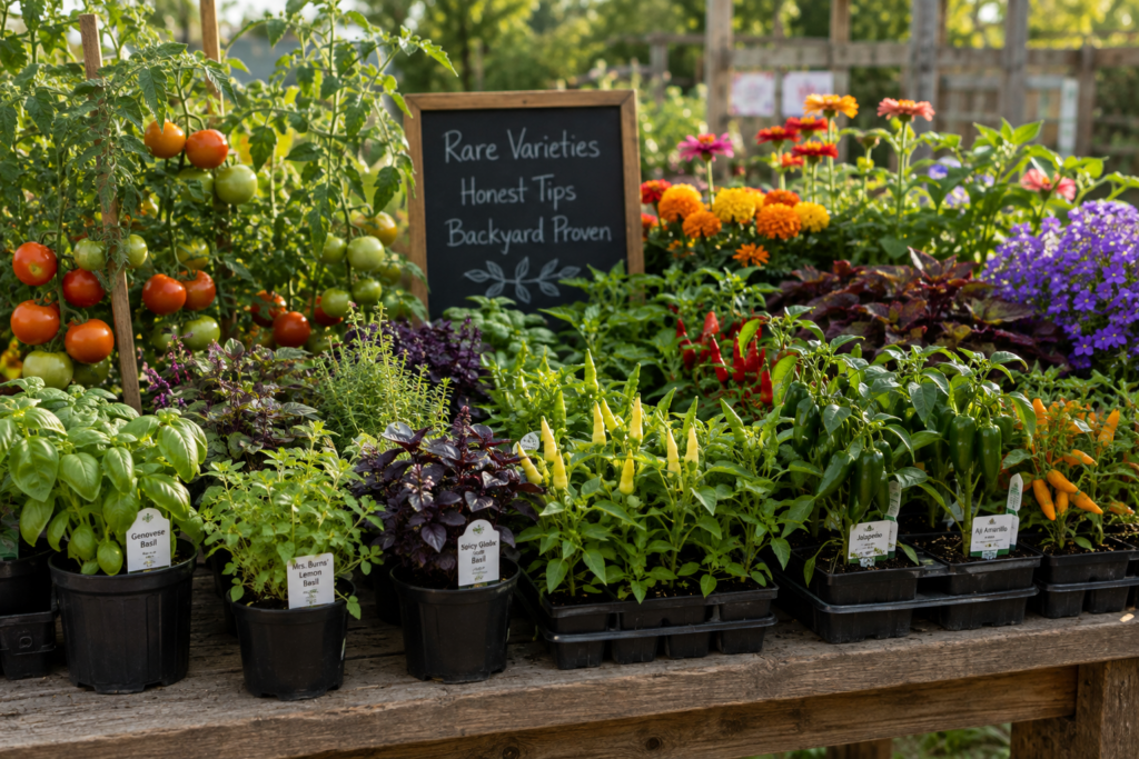 Selection of rare tomato, pepper, herb, and flowering plants grown by KC Backyard Garden, showcasing backyard-proven varieties for home gardeners.