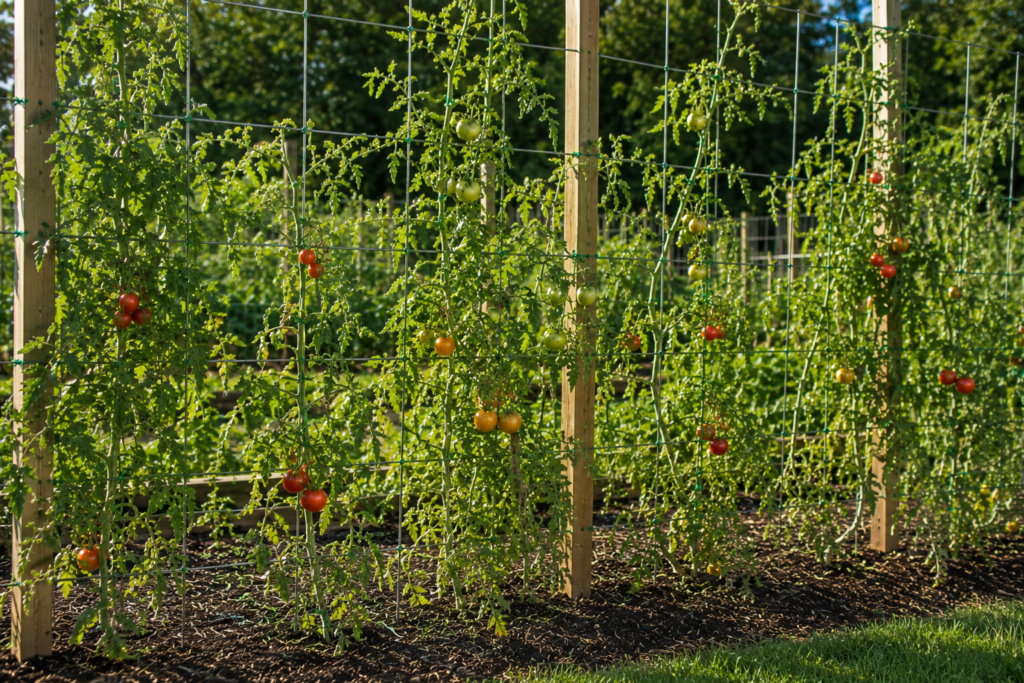 Specialty and long-keeping tomatoes growing on trellised vines in a backyard garden