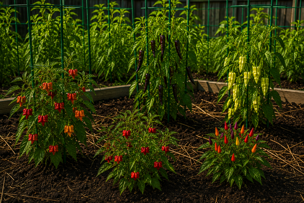 Specialty and unique red, orange, purple, dark, and pale peppers growing in a backyard garden