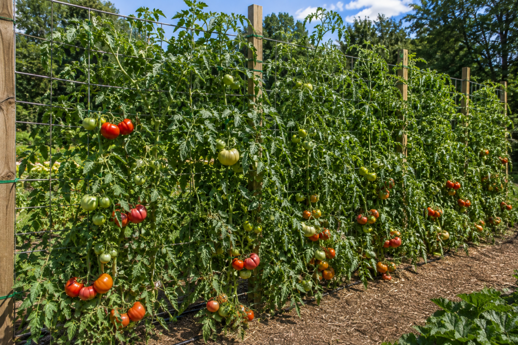 Full-size tomato plants growing on cattle panel trellises in a backyard garden