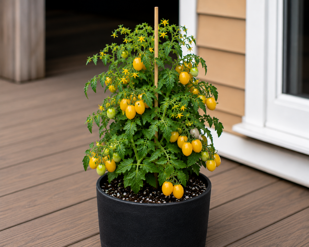 Süßer Louis micro dwarf tomato plant with golden yellow oval tomatoes growing in clusters on a compact container plant