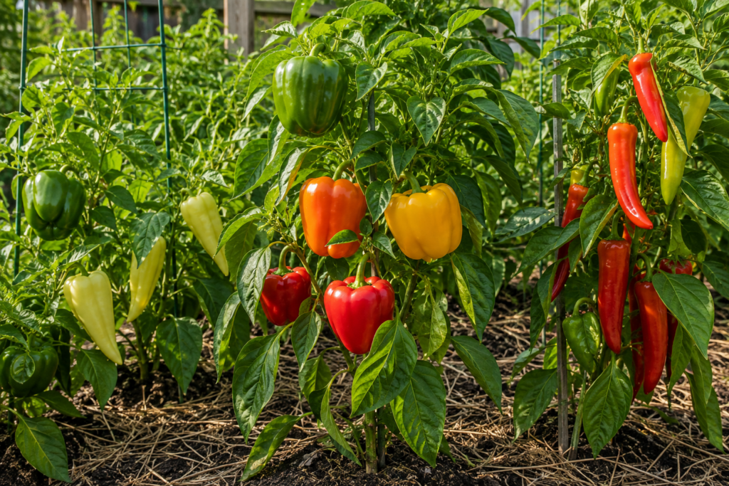 Sweet and mild green, yellow, orange, and red peppers growing on plants in a backyard garden