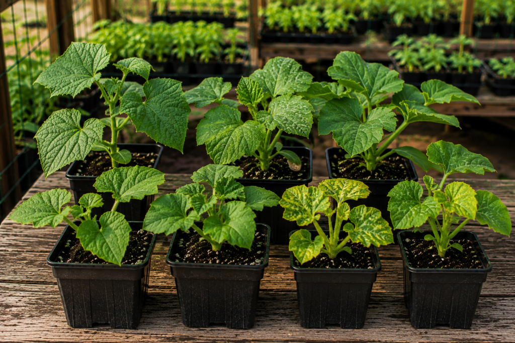 Healthy cucumber and squash seedlings growing in black nursery pots, representing vegetable starter plants available from KC Backyard Garden.