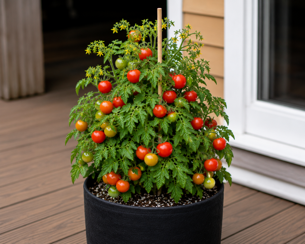 Vilma micro dwarf tomato plant with abundant red and ripening cherry tomatoes growing in a compact container
