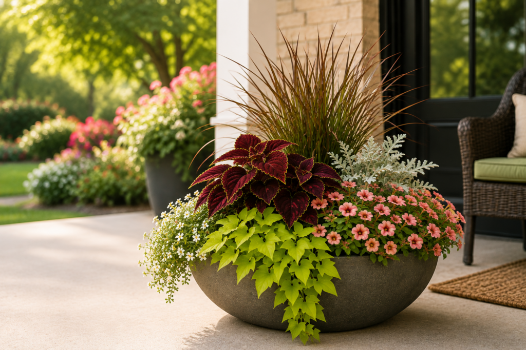 Professionally designed Signature Garden Collection container garden displayed on a Kansas City front porch with layered foliage, colorful blooms, and trailing plants.