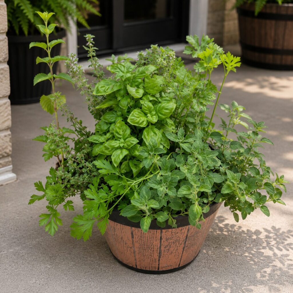 Kitchen Herb Garden Designer Garden featuring basil, parsley, oregano, thyme, and other culinary herbs growing together in a decorative patio container.